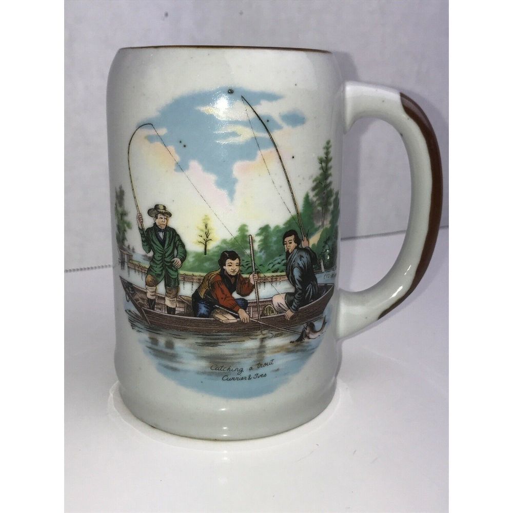 Currier Ives Mug Catching A Trout Vintage Mug